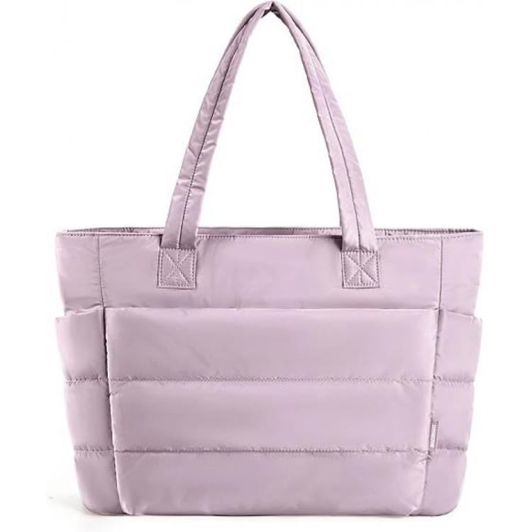 Lavender multi-compartment tote bag with padded front panel and two top handles
