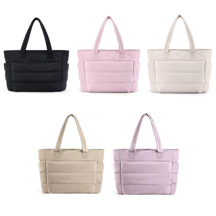 Multi-compartment tote bags shown in multiple colors: black, pink, beige, khaki, and more