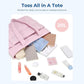 Pink multi-compartment tote bag with open top and assorted daily items inside