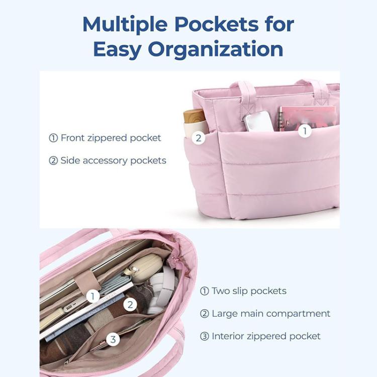 Pink multi-compartment tote bag with front zip pocket and interior slip compartments