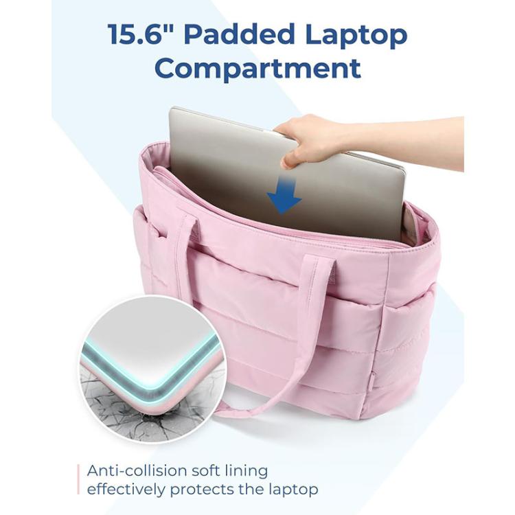 Pink multi-compartment tote bag with padded laptop compartment holding a laptop