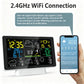 WiFi weather station base with digital screen and smartphone app showing weather readings