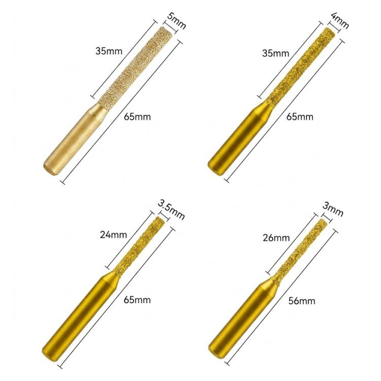 Diamond router bit set: 5mm, 4mm, 3.5mm, and 3mm widths