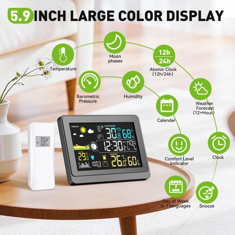 Wireless weather station on desk with large 5.9-inch color display