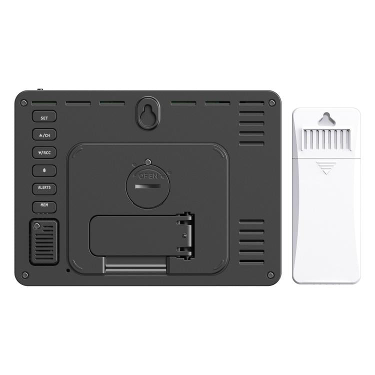 Wireless weather station back panel with controls and included outdoor sensor