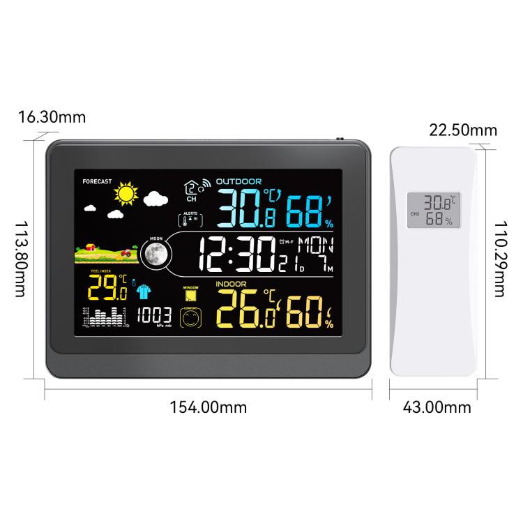 Wireless weather station with color screen and outdoor sensor, with size dimensions