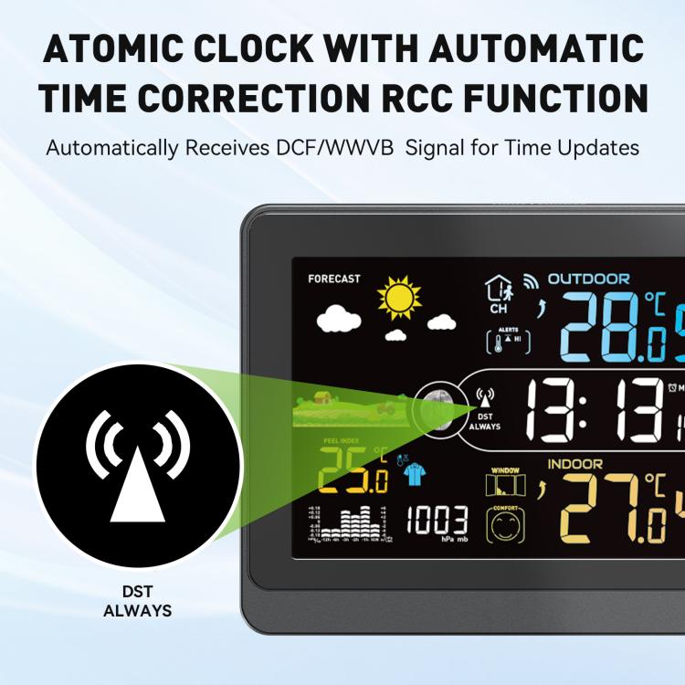 Wireless weather station showing atomic clock time correction and outdoor sensor status