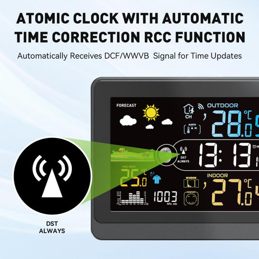 Wireless weather station showing atomic clock time correction and outdoor sensor status