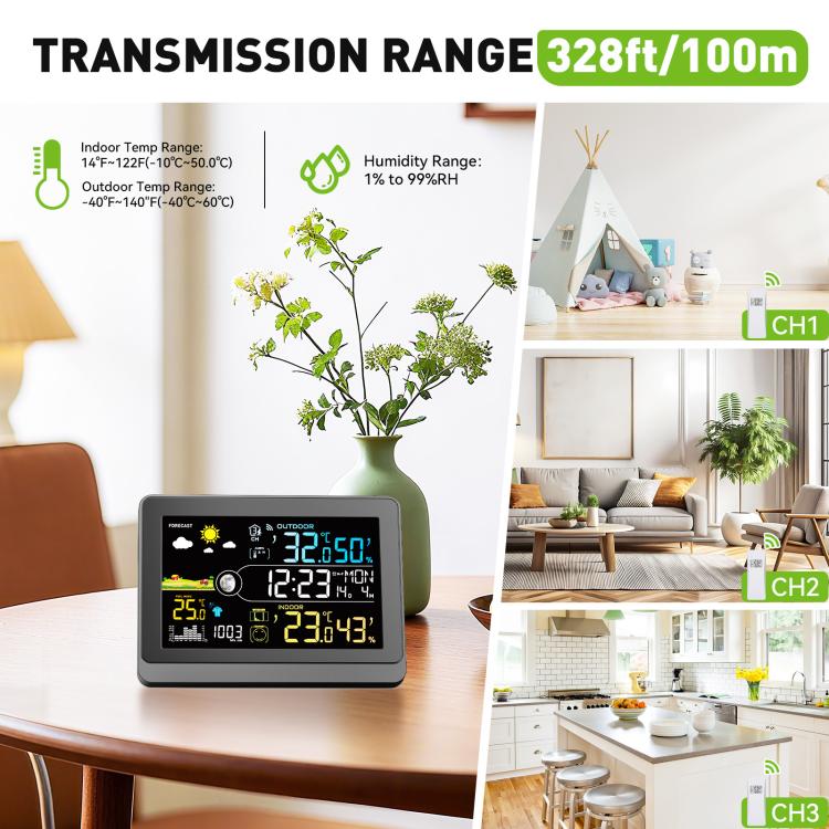 Wireless weather station with display showing transmission range and channel temperatures