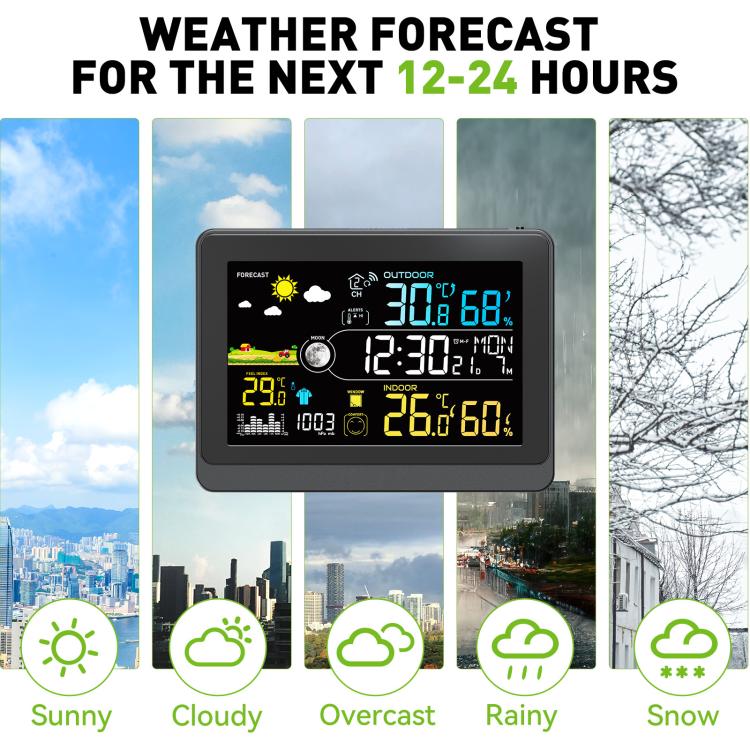 Wireless weather station showing 12–24 hour weather forecast on color display