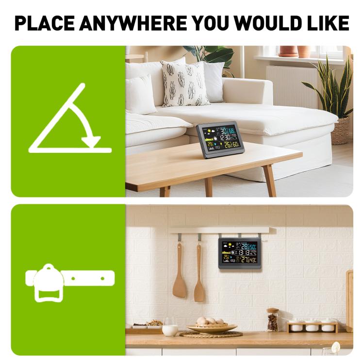 Wireless weather station placed on living room side table near couch