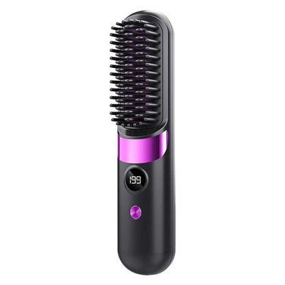 Cordless hair straightening brush in black with purple accents and digital temperature screen