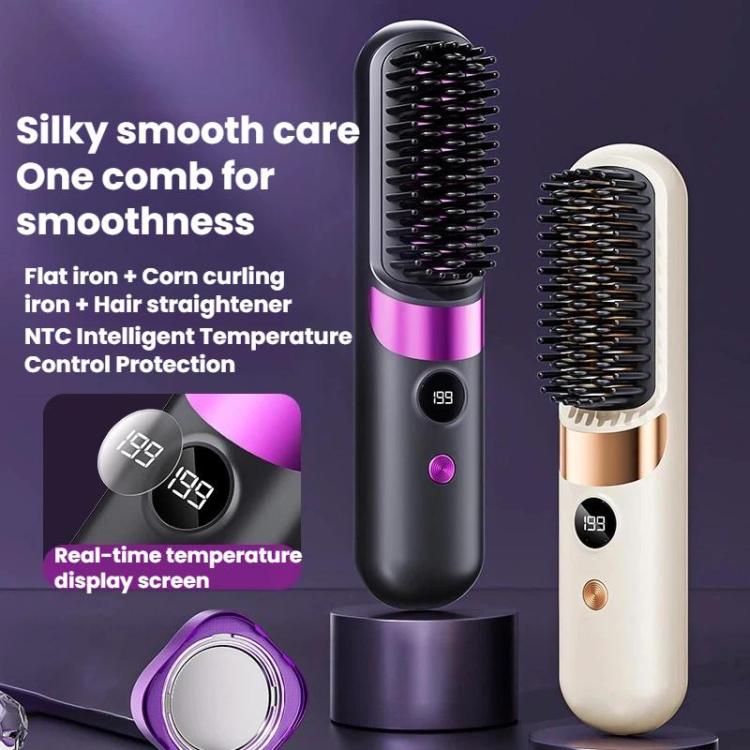 Cordless hair straightening brushes in black-purple and white, each with digital display