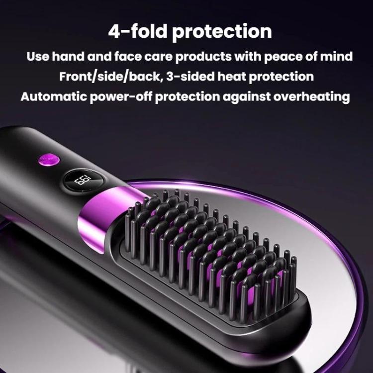 Cordless hair straightening brush with long comb head and glowing heat vents, black and purple