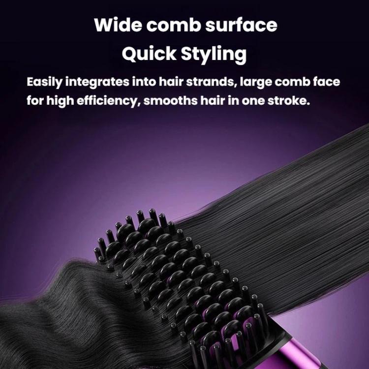 Cordless hair straightening brush with wide comb surface and purple ring, black body