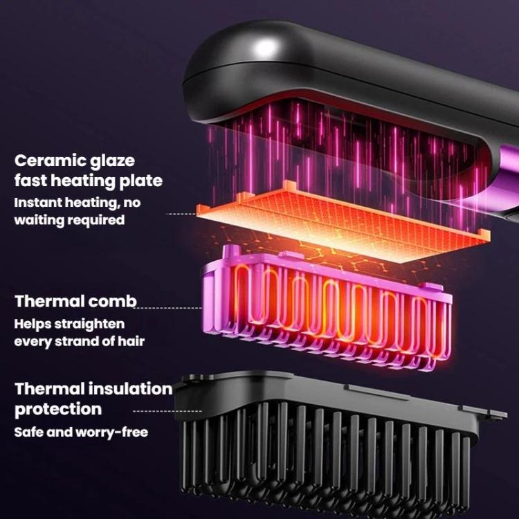 Cordless hair straightening brush with ceramic heating plate and thermal comb teeth, black-purple