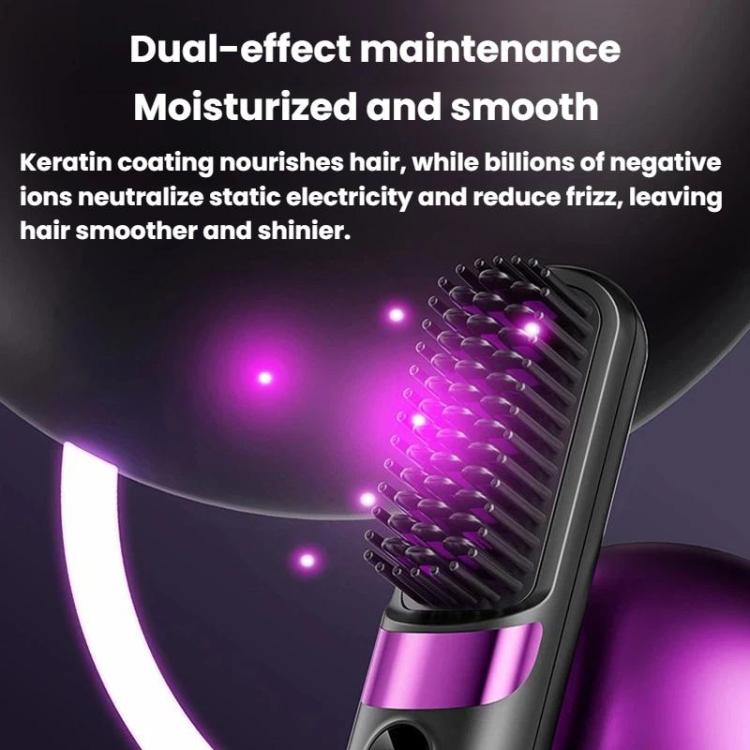 Cordless hair straightening brush with negative-ion style bristles and purple glow, black and purple