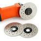 Angle grinder with gray perforated grinding discs and central mounting hub