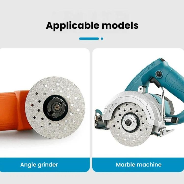 Ceramic grinding disc shown on an angle grinder and marble cutting machine