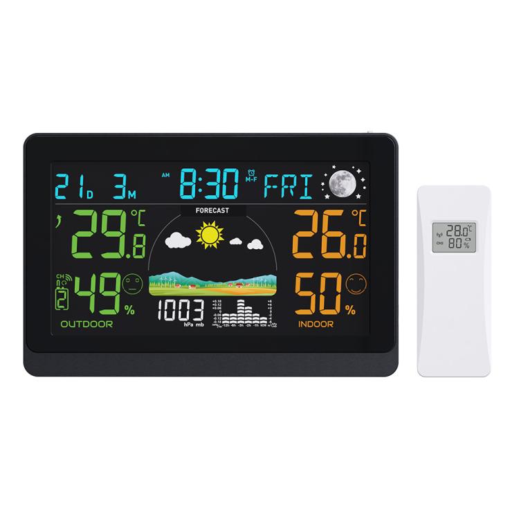 Black weather station with 7.5-inch color LCD showing indoor and outdoor temperature and humidity