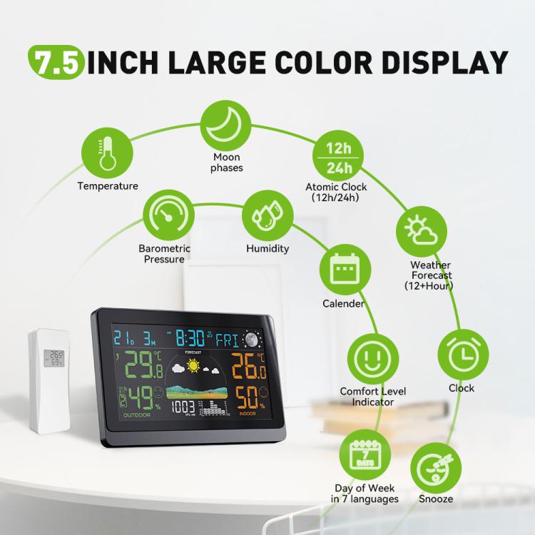 Weather station with 7.5-inch large color display and wall sensor on the side