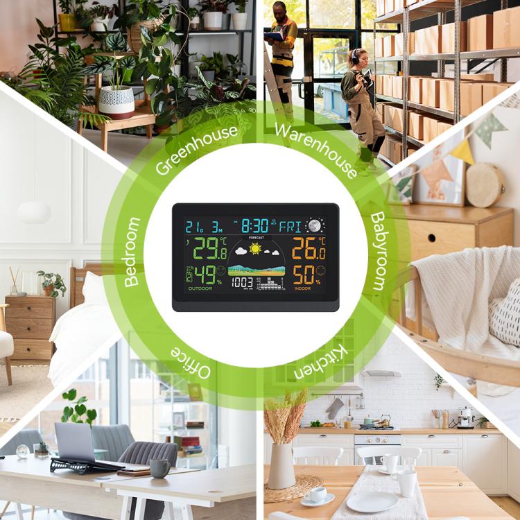 Wireless weather station with large color LCD showing indoor and outdoor readings