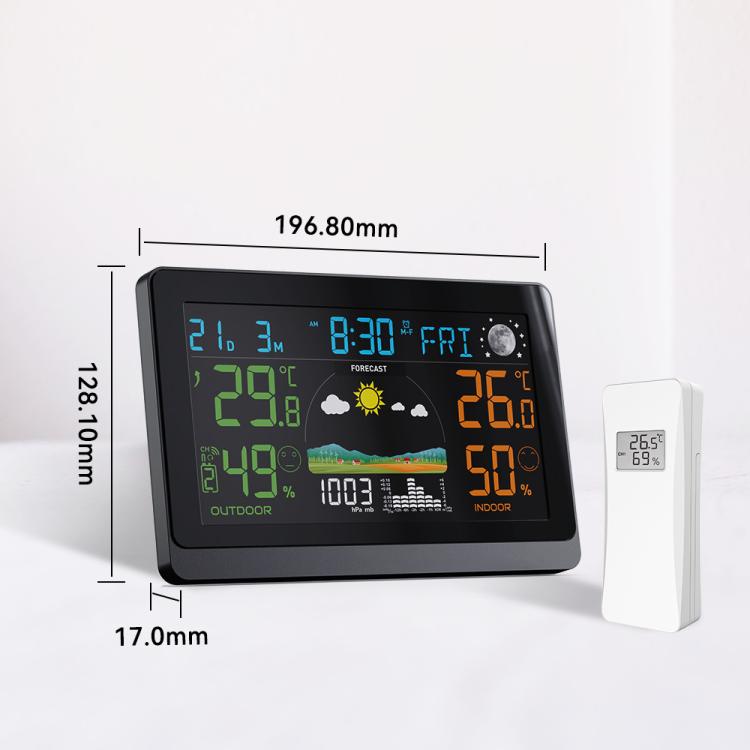 Wireless weather station front with large color display and wireless outdoor sensor