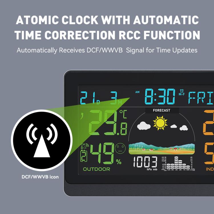 Weather station LCD with atomic clock icon and outdoor temperature and humidity readings