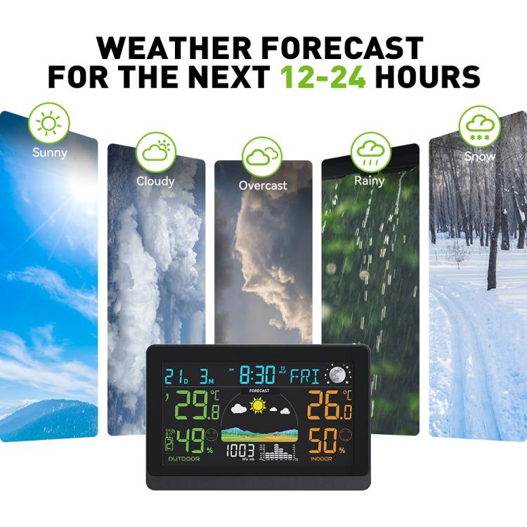 Weather station with color display and 12–24 hour forecast icons