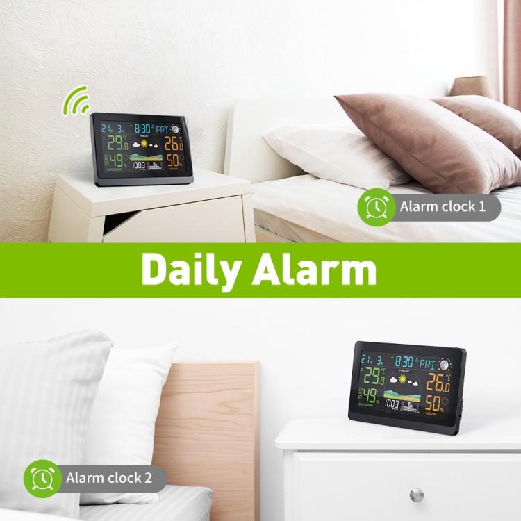 Weather station on a nightstand with alarm clock indicators on the color display