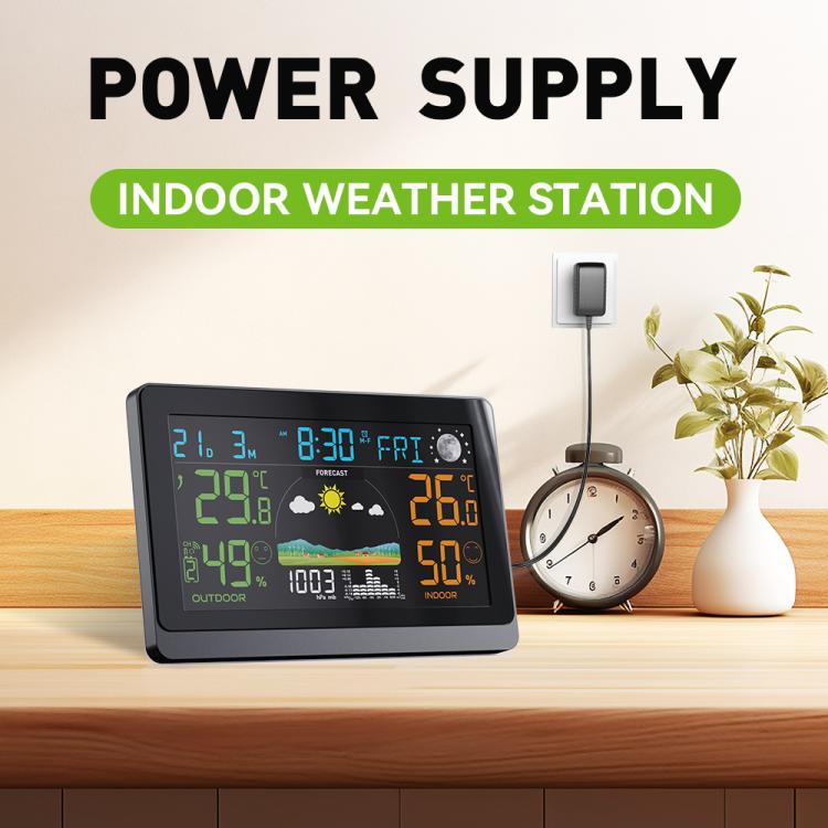 Indoor weather station on a shelf with color LCD display and connected outdoor sensor