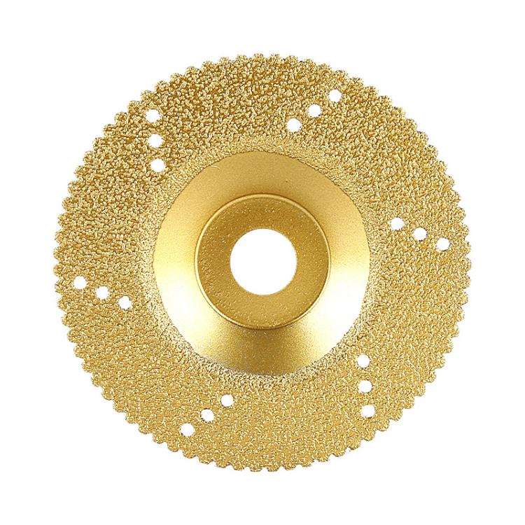 Gold diamond brazed cup grinding wheel with perforations around the outer edge