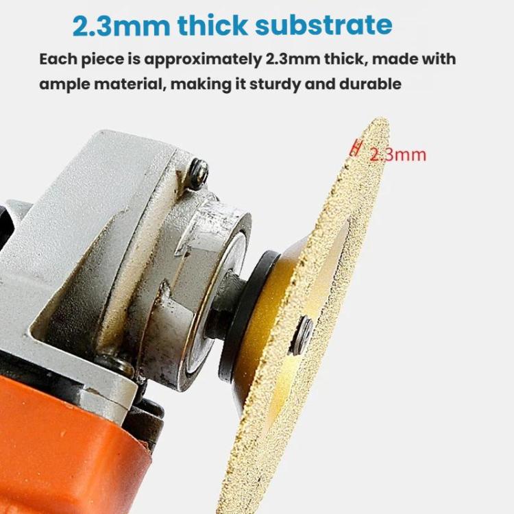 Gold diamond cup grinding wheel mounted on an angle grinder tool head