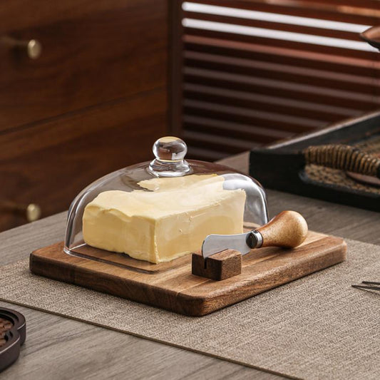 Acacia Wood Butter Dish with Glass Lid and Spreader Knife Butter Keeper for Countertop or Fridge, Single Knife, Dual Utensils