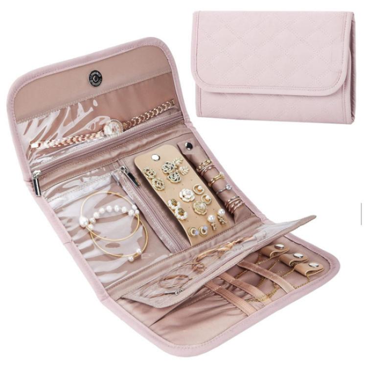 Faux Suede Jewelry Storage Foldable Portable Earring Roll Bag