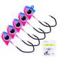 Micro triangle jig head hooks with black treble hooks, pink and purple bodies