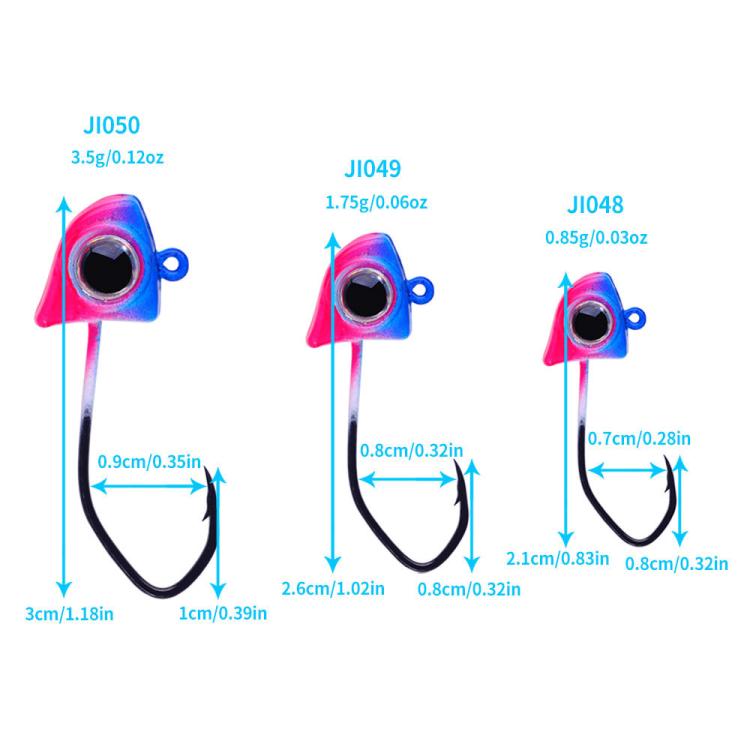Micro triangle jig head hook size chart: JI050, JI049, JI048 weights and dimensions