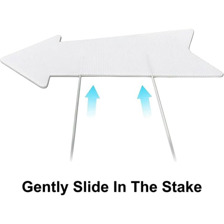 White arrow yard sign with two stakes, slide-in design