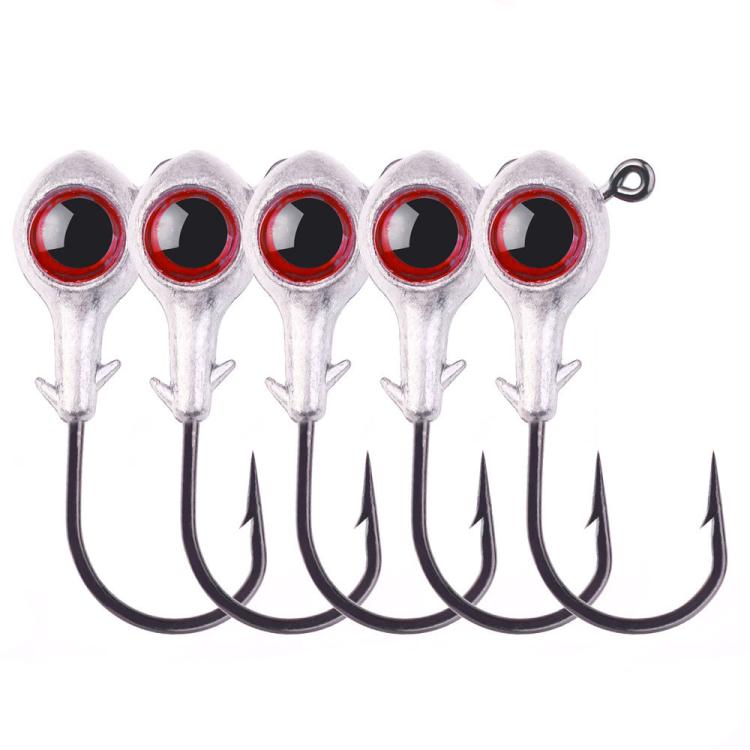 Jig head hook set of five with red eyes, white heads, and sharp black fishing points
