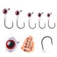 Assorted jig head fishing hooks with red eyes, including close-up detail views of heads and hooks
