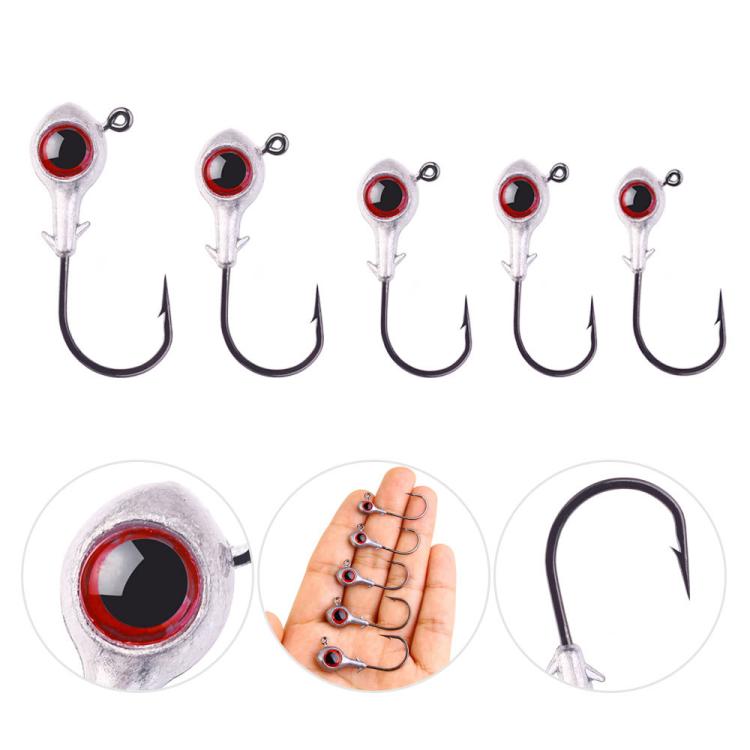 Assorted jig head fishing hooks with red eyes, including close-up detail views of heads and hooks
