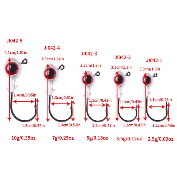 Jig head hook size chart showing five hook sizes with red eye and black curved points