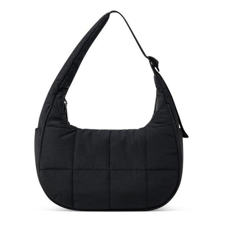 Black puffer single-shoulder handbag with adjustable strap and crescent hobo shape