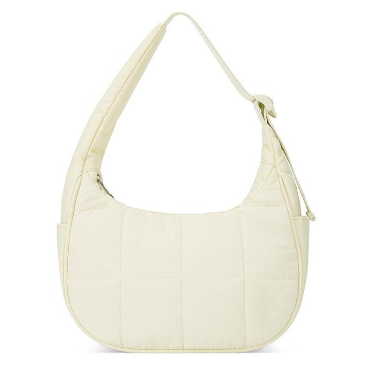 Beige puffer single-shoulder handbag with adjustable strap and crescent hobo shape