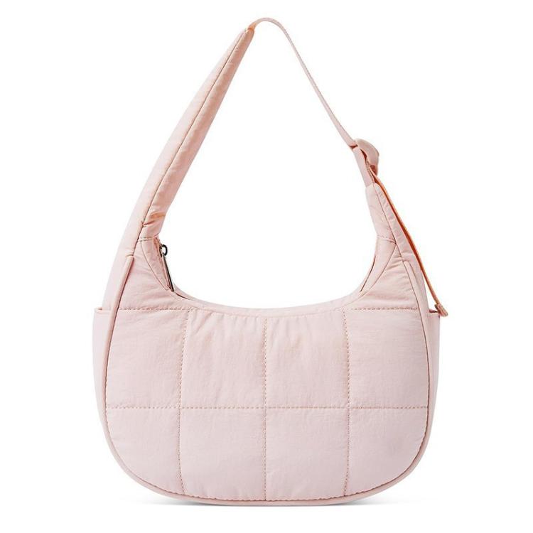 Pink puffer single-shoulder handbag with adjustable strap and crescent hobo shape