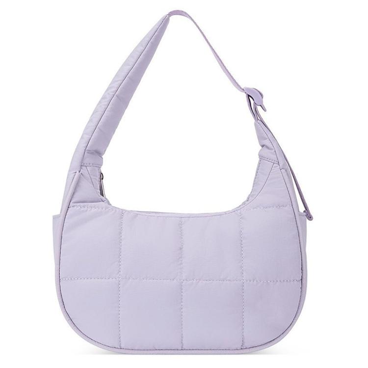Lavender puffer single-shoulder handbag with adjustable strap and crescent hobo shape