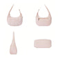 Pink puffer single-shoulder handbag with adjustable strap, shown from multiple angles