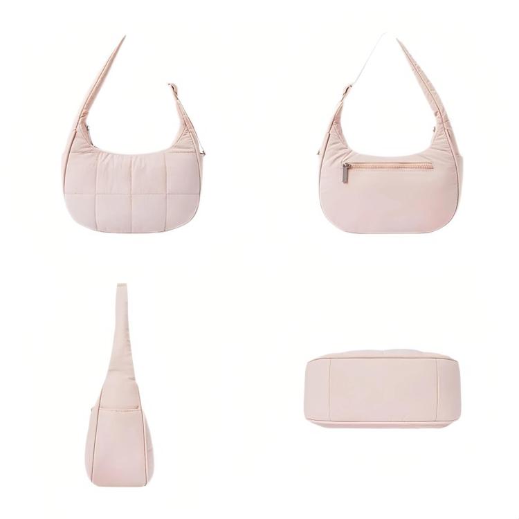 Pink puffer single-shoulder handbag with adjustable strap, shown from multiple angles