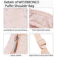 Pink puffer shoulder bag details: waterproof nylon texture, adjustable strap, metal zipper