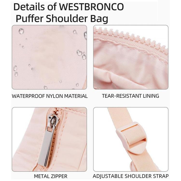 Pink puffer shoulder bag details: waterproof nylon texture, adjustable strap, metal zipper